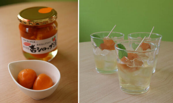 （左）森産あんずを使用した「杏シロップ漬」 （右）杏シロップ漬のシロップをソーダで割りミントを添えたアレンジドリンク